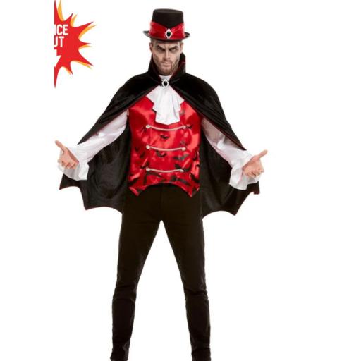 Vampire Costume, Black, with Shirt, Mock Waistcoat & Cape Size Xl