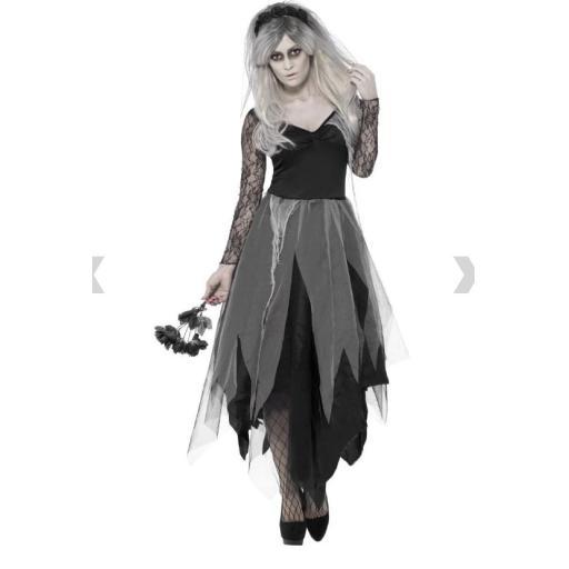 Graveyard Bride Costume, Black, with Dress & Rose Veil Size XL