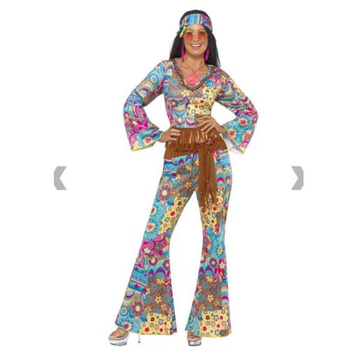 Hippy Flower Power Costume, Multi-Coloured, with Top, Trousers, Headband and Belt Size Medium