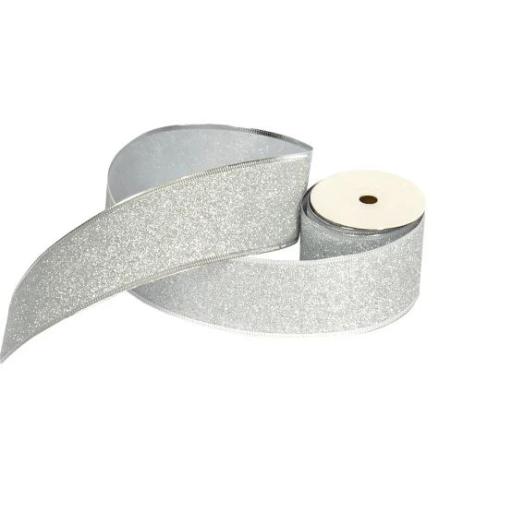 63mm Wired Edge Glittered Ribbon 10 yards Silver