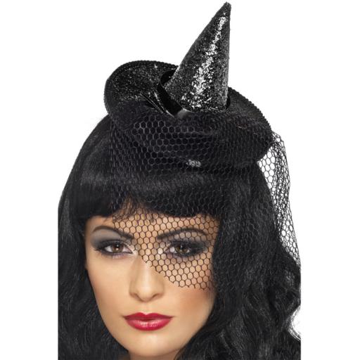 Mini Witch's Hat, Black, Glittered, on Headband with Netting