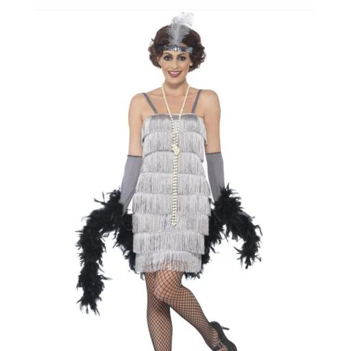 Flapper Costume, Silver with Short Dress, Headband & Gloves Size Small (8-10)