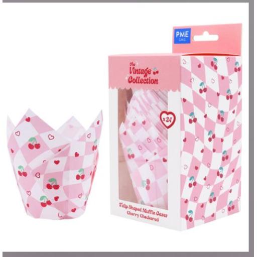Vintage Tulip Muffin Cases - Cherry Checkerboard (Pack of 24)