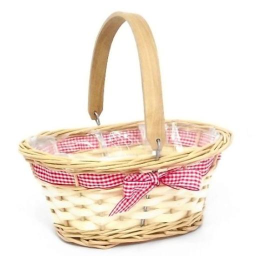25Cm Oval   Basket With Gingham  Ribbon  Bow And  Wooden  Handle Natural /Red