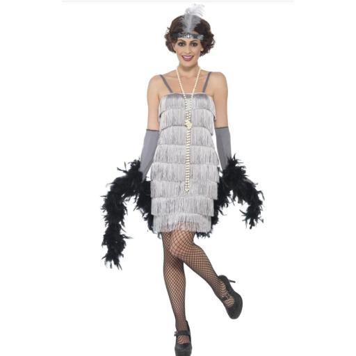 Flapper Costume, Silver with Short Dress, Headband & Gloves Size large