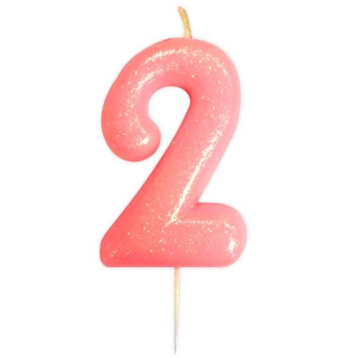 No 2 - Pink Glitter Numeral Moulded Cake Candle