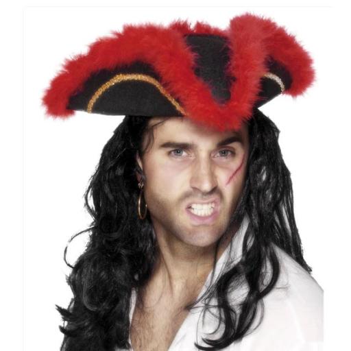 Pirate Tricorn Hat, Red Feather, Black with Gold Braid and Marabou