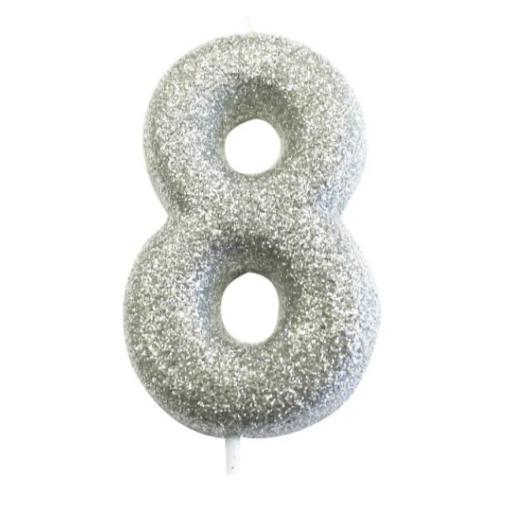 Age 8 Glitter Numeral Moulded Pick Candle Silver