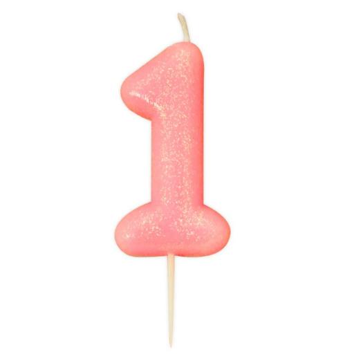 No 1 - Pink Glitter Numeral Moulded Cake Candle