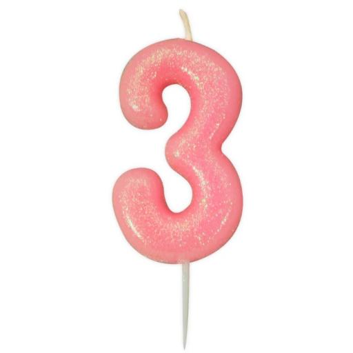 No 3 - Pink Glitter Numeral Moulded Cake Candle