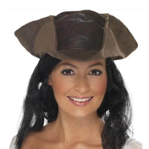 Leather Look Pirate Hat, Brown with Black Hair