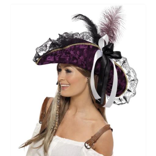 Fever Marauding Pirate Hat, Purple with Feathers and Ribbon