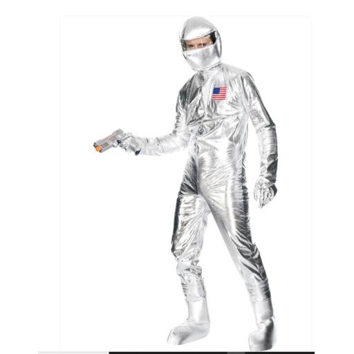 Spaceman Costume, Silver Jumpsuit, Hood, Gloves and Boot Covers Med.