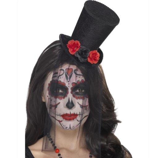 Day of the Dead Mini Top Hat, Black on Headband, with Roses & Detachable Lace Veil