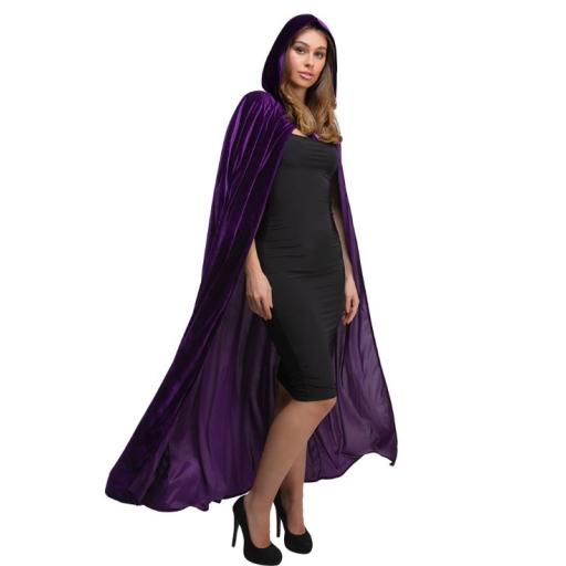 Deluxe Velvet Long Hooded Cloak - Dark Purple One Size