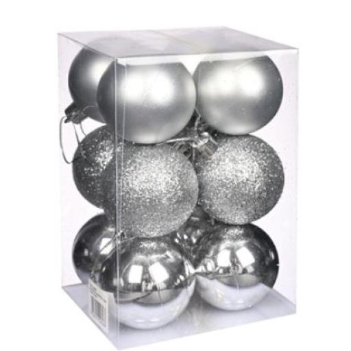 Silver 5cm Shatterproof Assorted Baubles (Pack 12