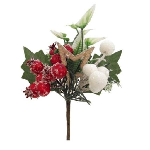 21cm Xmas Pick With Barries Folage And Wooden Star Red/White