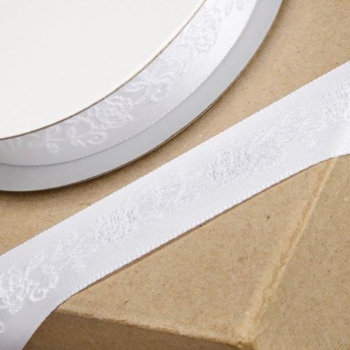 Jacquard Rose Ribbon White - 15mm x 1m