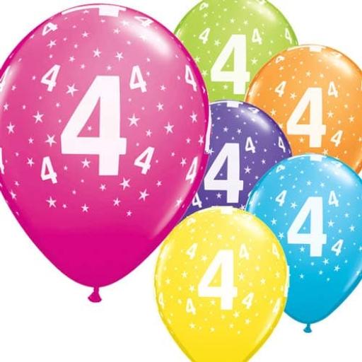 Age 4 Assorted Colours Latex Balloons 11"