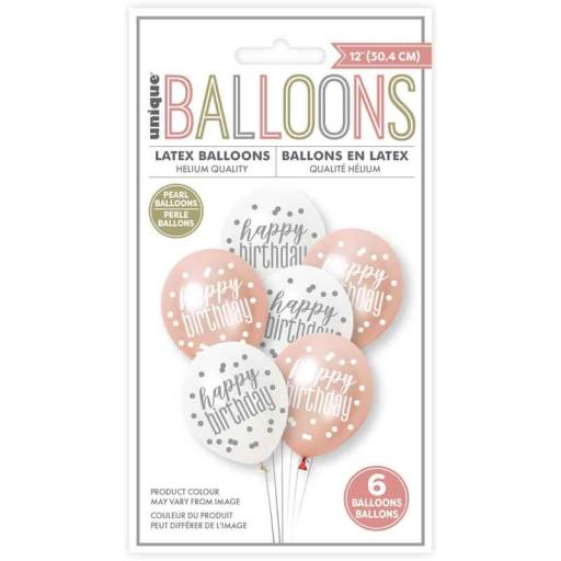 6Pk 12in Glitz Rose  Gold Birthday Balloons
