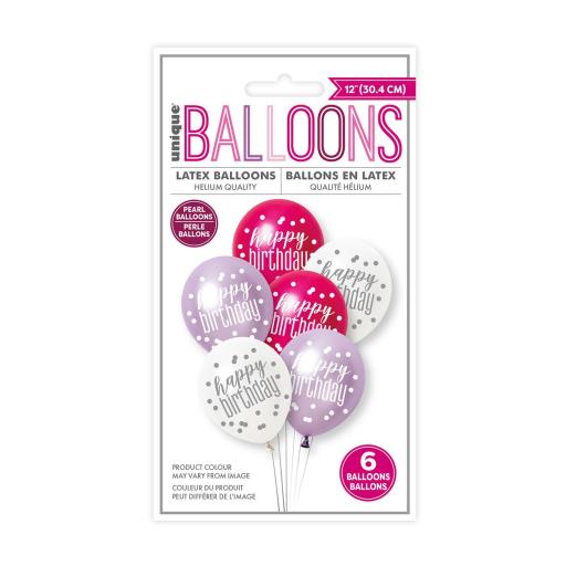 Pink, Purple & White Assorted 6 x 30cm (12") Latex Balloons - Happy Birthday