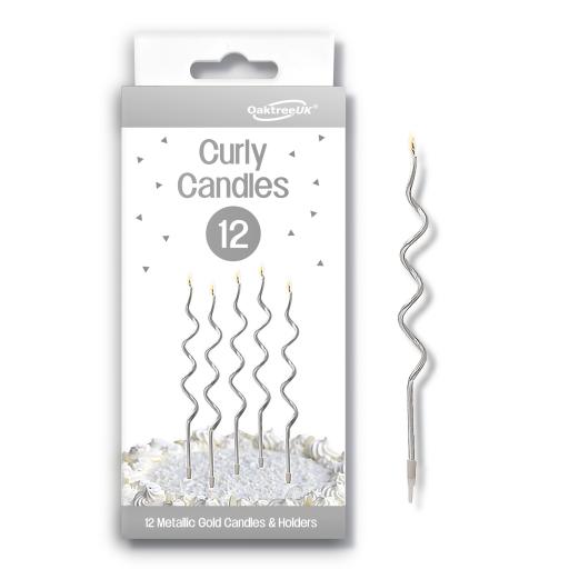 Curly Candles x 12 with Holders Silver