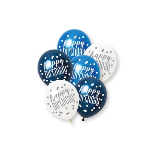 12 Inch Pearl Premium Happy Birthday 6 Latex Balloons - Glitz Blue