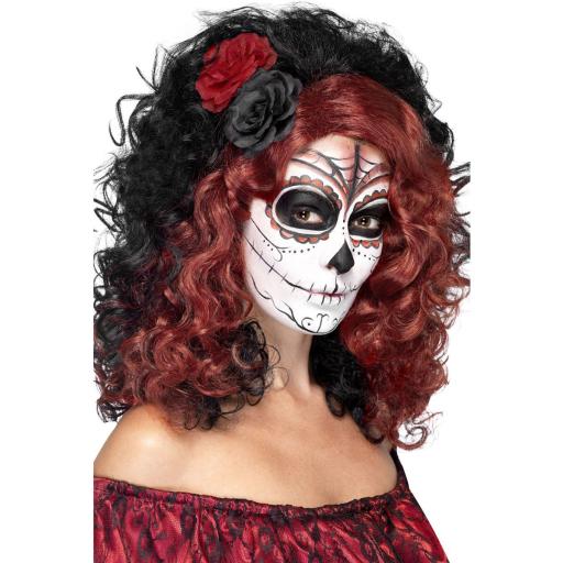 Day of the Dead Wig Black & Red with Roses